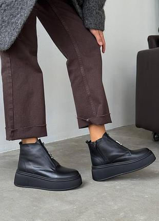 Ботинки женские черные кожа / зимние ботинки из натуральной кожи / черные кожаные ботинки