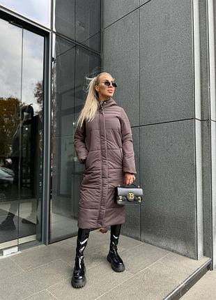 Шоколадний пуховик пальто довгий з капюшоном під пояс прямий синтепух 250 м482