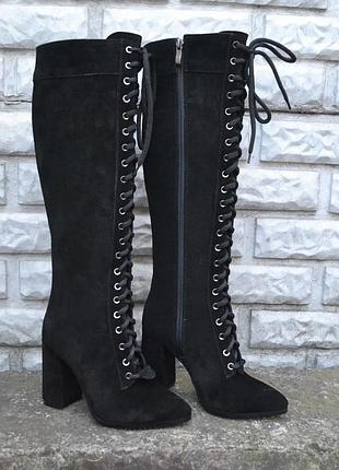 Шикарные сапоги на шнурках из натуральной кожи на каблуке 9,5см