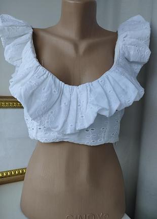 Белый топ с рюшами, прошва, zara, s,🤍