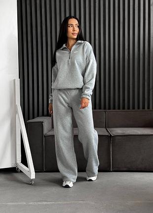 Теплий жіночий спортивний костюм  з трьохнитки на флісі 42-52 меланж сірий