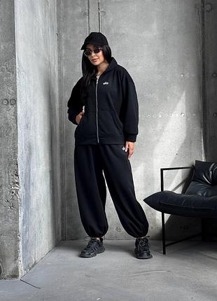 Теплый женский спортивный костюм с толстовкой из трехнитки на флисе 42-50 черный