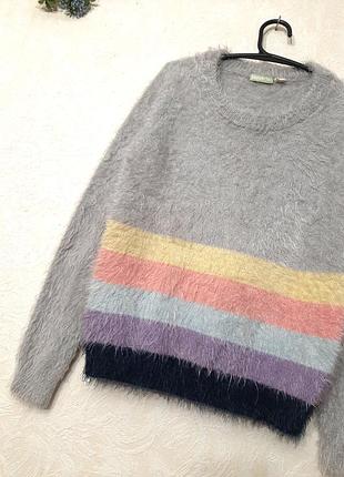 Светр сірий пухнастий тедди на дівчинку 10-11-12рок в смужки бузкова-блакитна-рожева-жовта демі/зима кофта тепла