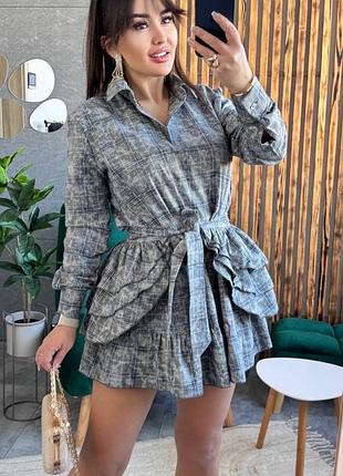 Сіра коротка сукня в клітинку варьонка з довгим рукавом зі знімною баскою м522 (42-46)