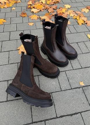 Челси шоколадные из натуральной кожи замши зимние
