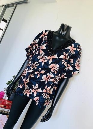 Блуза женская george тёмно-синяя с цветочным принтом и декором, размер uk 18