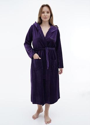 Велюровий халат з каптуром довгий на запах 21673