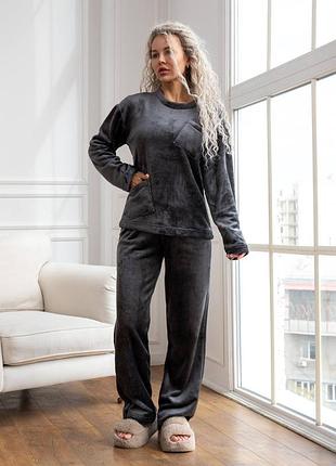 Теплая махровая пижама с кофтой с карманами с прямыми брюками домашний костюм