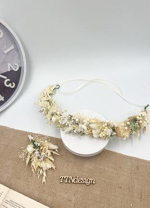 Вінок з сухоцвітів айворі — весільний вінок у бохо стилі, обруч із натуральних квітів