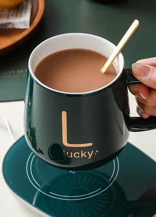 Чашка керамическая темно-зеленая с подставкой - подогревателем и ложечкой в упаковке-пакете