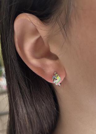 Срібні сережки дитячі єдиноріг 925