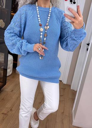 Свитер удлиненный с ажурной вязкой на рукавах 42-58 р-р