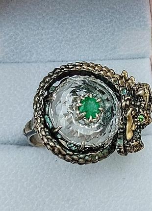 Перстень дракон срібний позолочений, gem egregor , зі смарагдом