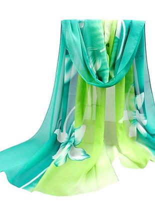 Жіночий шарф з квітами шифоновий 150 на 48 см зелений