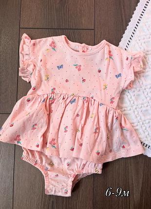 Рожевий боді сукня з юбкою для дівчинки next некст 6-9 міс 74 см рожевий з квітами