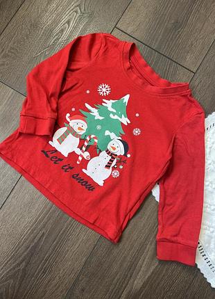 Червона кофта світшот лонгслів футболка довгий рукав 12-18 18 24 1-2 роки 80 86 92 різдвяна новорічна з сніговиками
