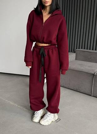 Женский трикотажный костюм двойка кофта с капюшоном, оверсайз костюм на флисе