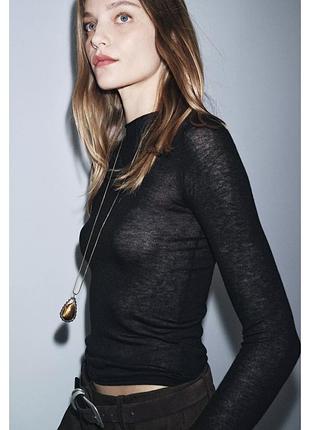 Чорний лонгслів з вовни та шовку zara тонкий лонгслів з шовку напівпрозорий лонгслів шовковий чорний вовняний лонгслів тонкий мінімалістичний лонгслів