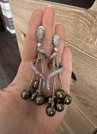 Шикарні срібні сережки 925 проби, родовані, серьги серебро, срібло, штучні перлини,