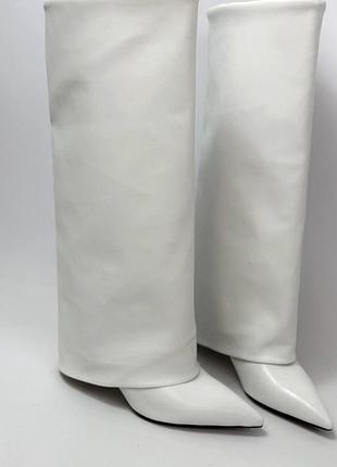 Чоботи гетри білі з вузьким носком на каблуку еко шкіряні осінь весна демі з флісом жіночі
