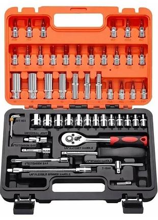 Набор торцевых головок бит с трещоткой 1/4" удлинитель вороток ключа, shunda 53 предмета