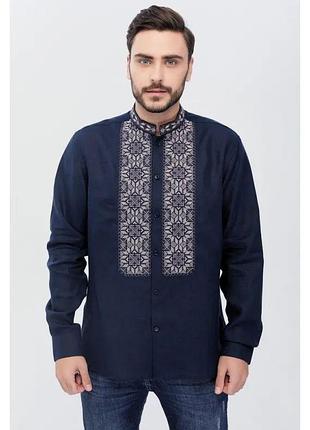 Рубашка мужская всеслав (лен сине-черный)