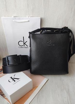 Стильний шкіряний набір calvin klein, сумка месенджер та ремінь black