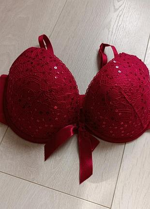 Бюстгальтер ажурный бюст блестящий лиф красный h&amp;m 34c 75c 70d