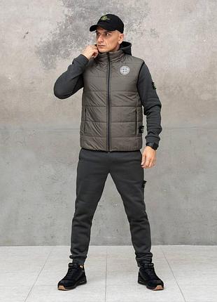 Комплект 4 в 1 зима осінь stone island, теплий спортивний костюм на флісі, жилет, кепка