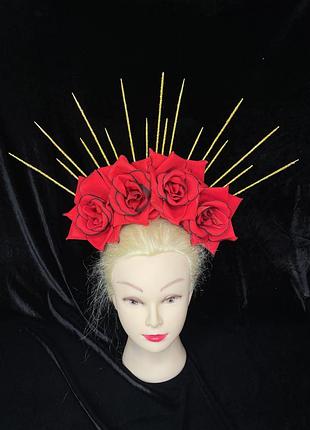 Корона обруч вінок віночок з трояндами квітами променями для фотосесії червоний