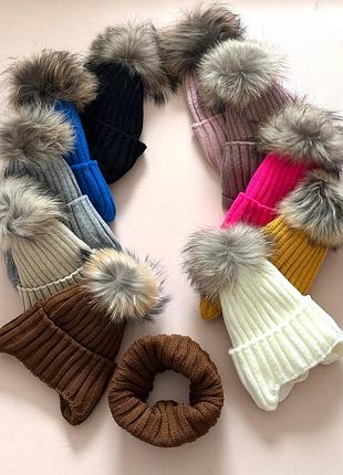 Комплект для хлопчика та дівчинки шапка і хомут з натуральним хутром