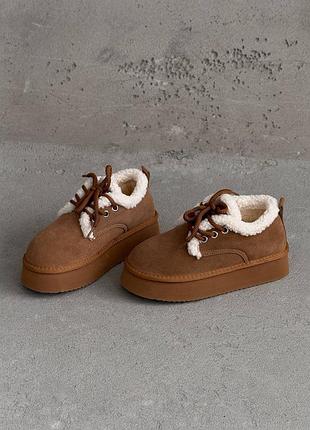 Сноубутсы на шнуровке с мехом teddy рыжий натуральный замша кнр
