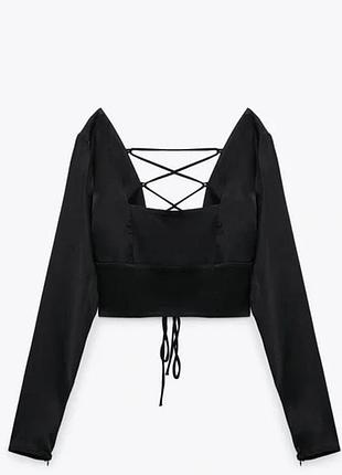 Трендова блуза топ zara на шнурівці атласний квадратний виріз