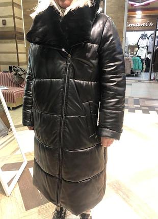 Пуховик шкіряний,комір натуральний,рексшиншила,батал