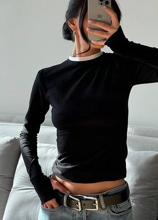 Базовый приталенный лонг 95% хлопок с вырезом под пальчик черный с белым воротником