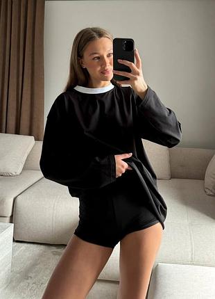 Базовый удлиненный лонг оверсайз 95% хлопок черный с белым воротником