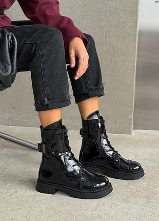 Черевики жіночі чорні наплак / лаковані черевики на шнурівці / зимові черевики / демісезонні черевики