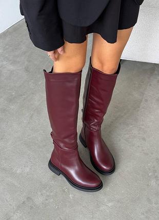 Бордові вишневі натуральні шкіряні зимові чоботи на товстій підошві шкіра євро зима європейки бордо марсала вишня
