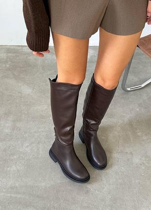 Коричневі шоколадні натуральні шкіряні зимові чоботи на товстій підошві шкіра євро зима європейки шоколад