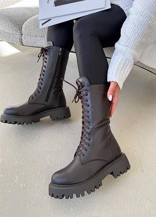 Женские ботинки берцы демисезонные на байке, зимние на меху коричневые натуральная кожа 5658