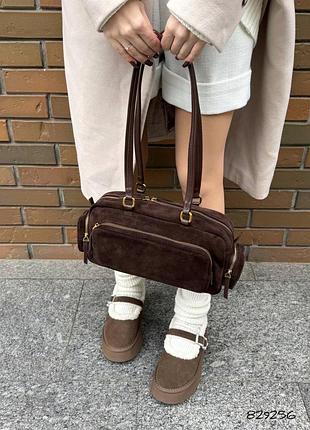 Сумка шоколад та чорна натуральна шкіра/натуральна замша