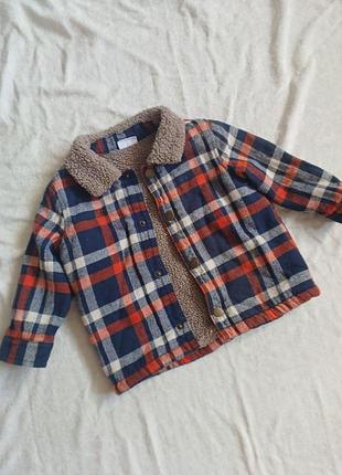 Куртка рубашка в клетку шерпа с мехом утепленная теплая 9-12 месяцев 74 86 см