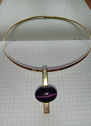 Нарядное нежное колье ожерелье чекер с натуральным камнем кошачий глаз фиолетовое бордовое сиреневое винтажное кулон подвеска