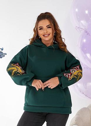 Теплое худи с вышивкой на флисе, женское худи вышиванка с капюшоном трехнитка на флисе, худи на осень зиму, 3421