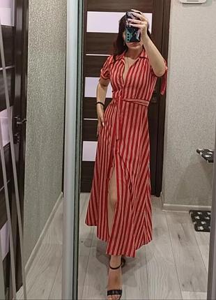 Платье длинное стильное красное в белую полоску