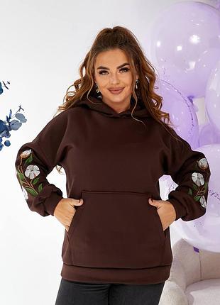 Теплое худи с вышивкой на флисе, женское худи вышиванка с капюшоном трехнитка на флисе, худи на осень зиму, 3421