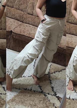 Плотные коттоновые штаны карго, широкие штаны багги на утяжках внизу на м-л