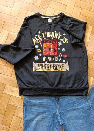 Черный свитшот с длинными рукавами,черная кофта женская л, хл свитер новогодний принт george
