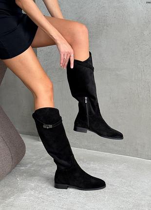 Женские высокие сапоги демисезонные зимние натуральные замша черные 10803 жанкие замшевые сапоги