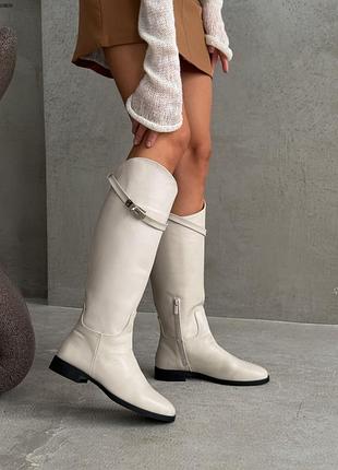 Женские высокие сапоги демисезонные зимние натуральные кожа молочные 10805 женккие кожаные сапоги